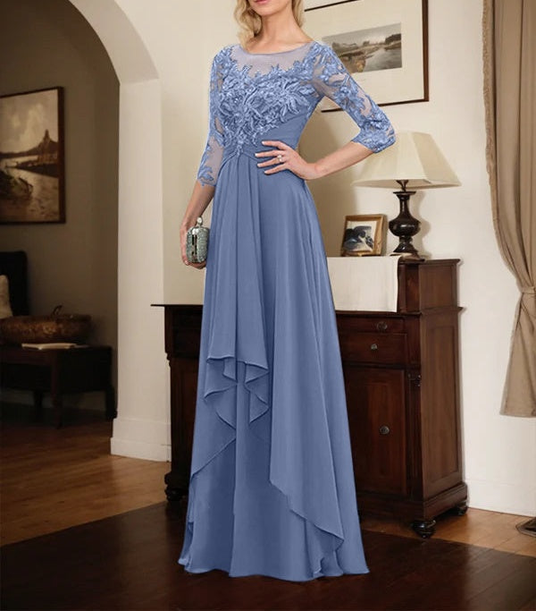 A-line Scoop Illusion Floor-Length Lace Chiffon Mother of the Bride Dress With Cascading Ruffles