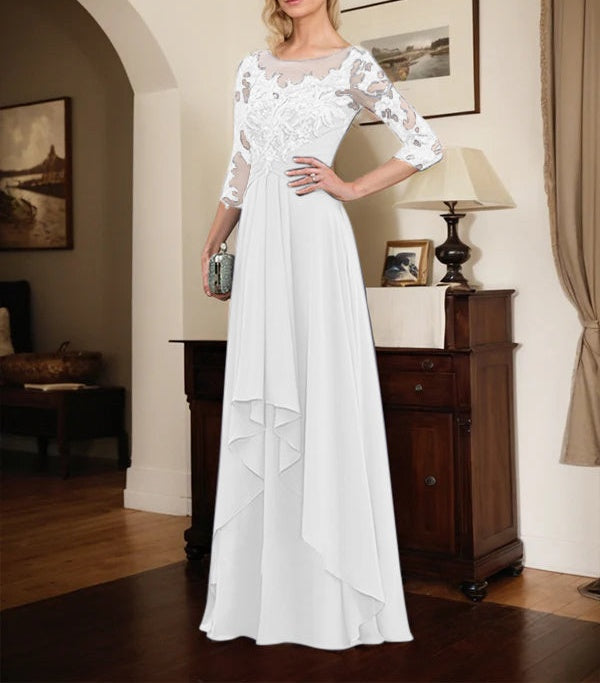 A-line Scoop Illusion Floor-Length Lace Chiffon Mother of the Bride Dress With Cascading Ruffles