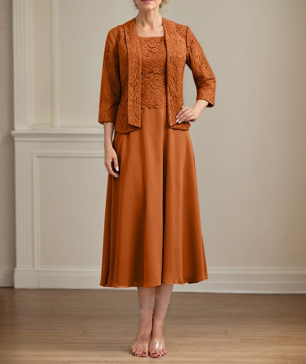 A-line Scoop Tea-Length Lace Chiffon Mother of the Bride Dress