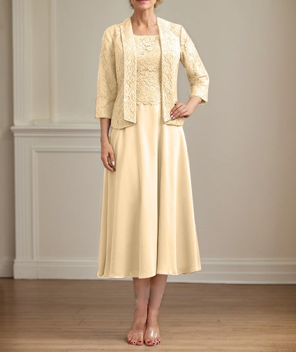 A-line Scoop Tea-Length Lace Chiffon Mother of the Bride Dress