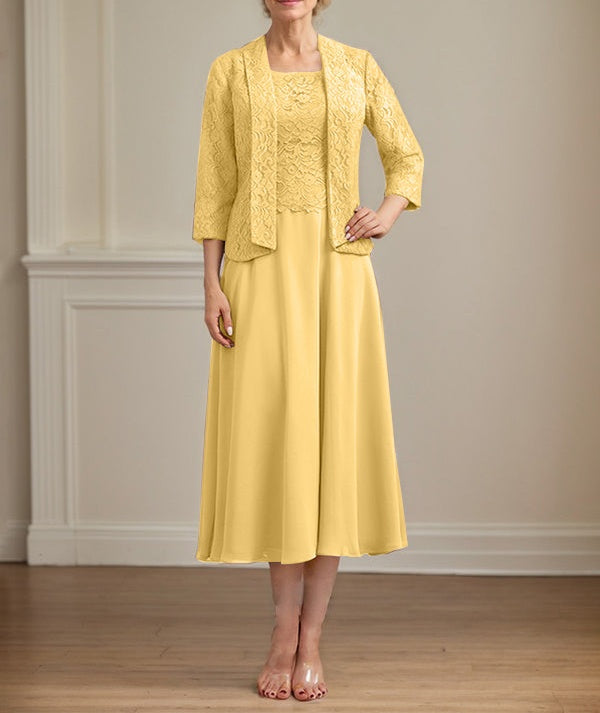 A-line Scoop Tea-Length Lace Chiffon Mother of the Bride Dress