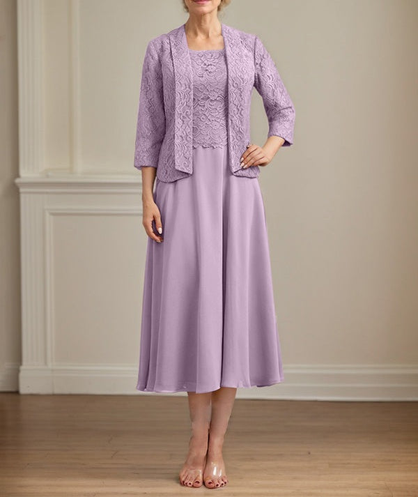 A-line Scoop Tea-Length Lace Chiffon Mother of the Bride Dress