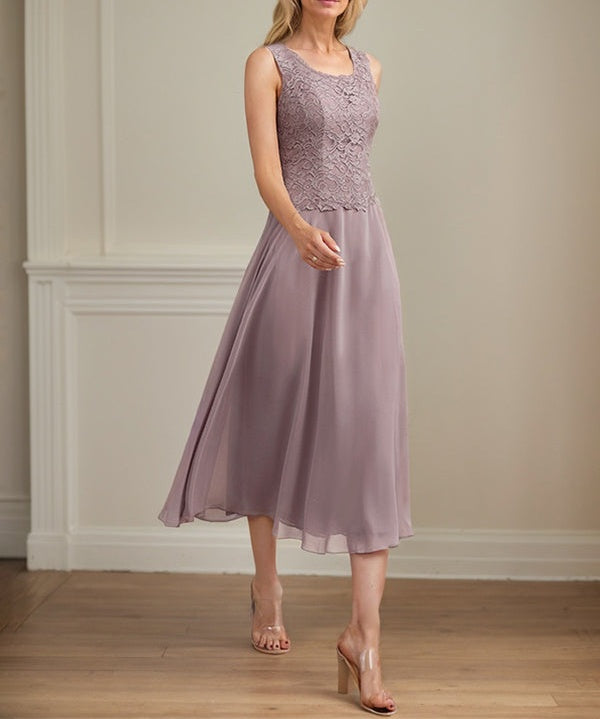 A-line Scoop Tea-Length Lace Chiffon Mother of the Bride Dress