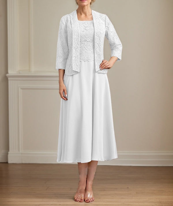 A-line Scoop Tea-Length Lace Chiffon Mother of the Bride Dress