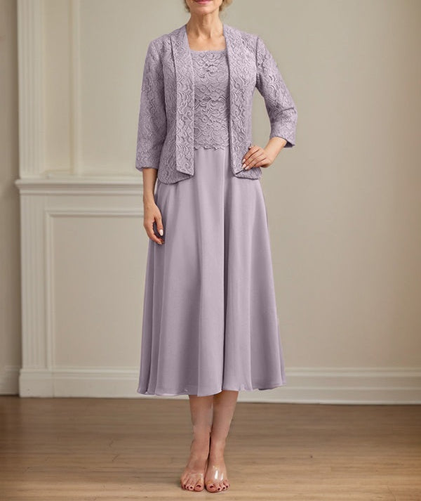 A-line Scoop Tea-Length Lace Chiffon Mother of the Bride Dress