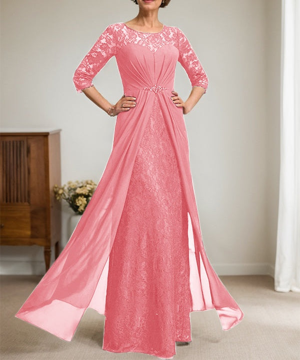 A-Line Scoop Illusion Floor-Length Lace Chiffon Mother Of the Bride Dress With Beading Ruffles