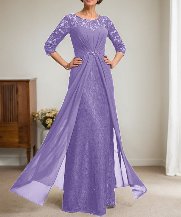 A-Line Scoop Illusion Floor-Length Lace Chiffon Mother Of the Bride Dr