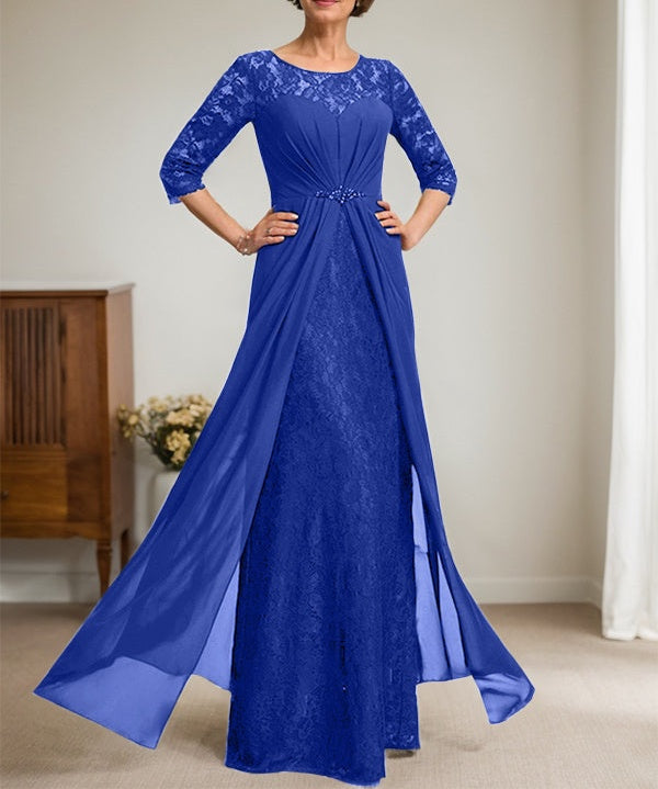 A-Line Scoop Illusion Floor-Length Lace Chiffon Mother Of the Bride Dress With Beading Ruffles