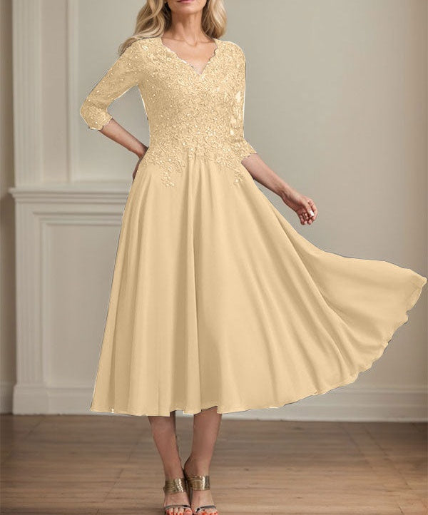 A-line V-Neck Tea-Length Chiffon Lace Mother of the Bride Dress With Beading Sequins