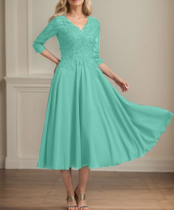 A-line V-Neck Tea-Length Chiffon Lace Mother of the Bride Dress With Beading Sequins