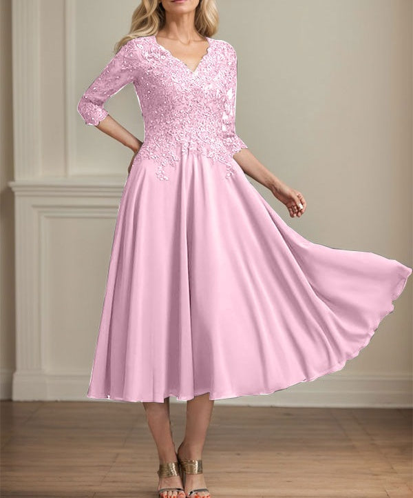 A-line V-Neck Tea-Length Chiffon Lace Mother of the Bride Dress With Beading Sequins