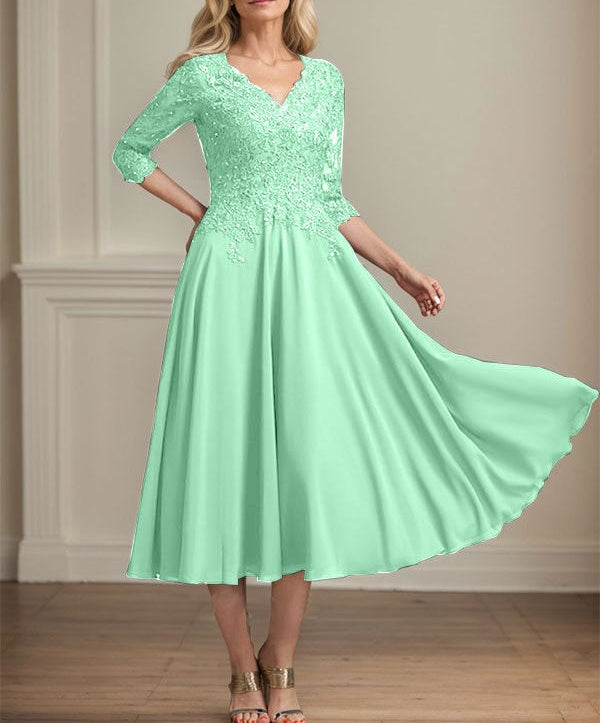 A-line V-Neck Tea-Length Chiffon Lace Mother of the Bride Dress With Beading Sequins