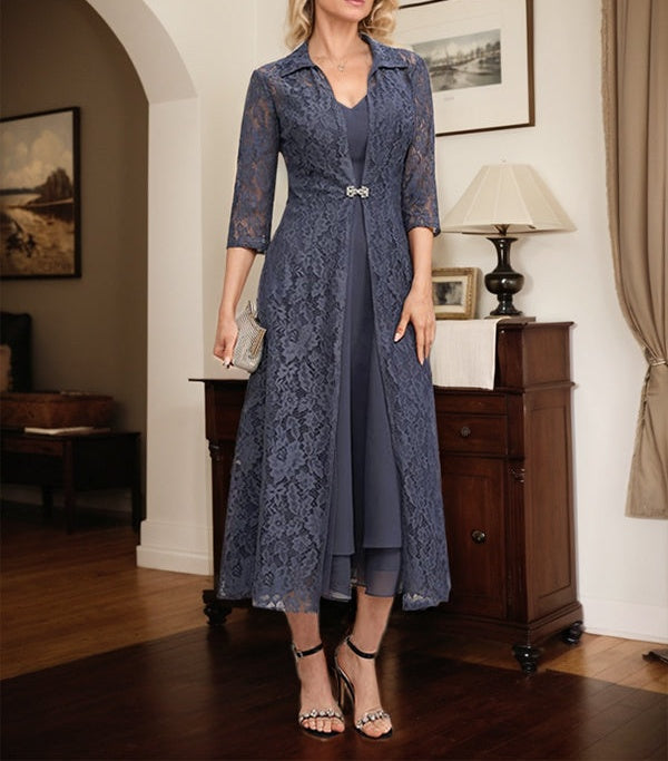 A-line V-Neck Tea-Length Chiffon Mother of the Bride Dress