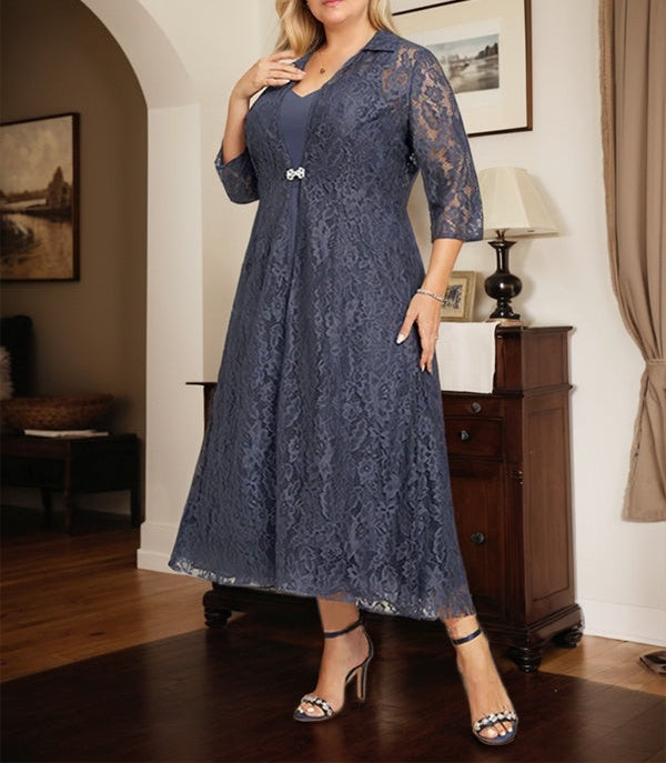 A-line V-Neck Tea-Length Chiffon Mother of the Bride Dress