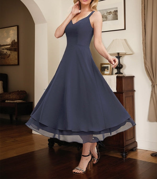 A-line V-Neck Tea-Length Chiffon Mother of the Bride Dress
