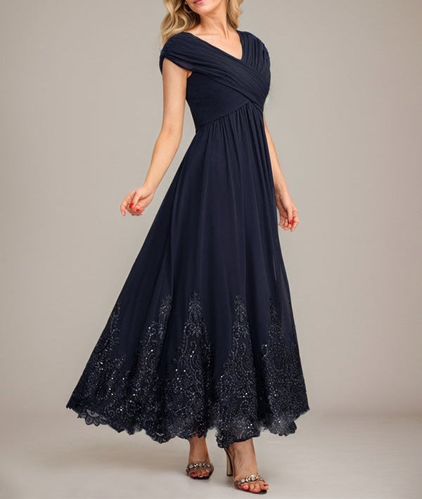 A-line V-Neck Ankle-Length Chiffon Mother of the Bride Dress With Applique Sequins