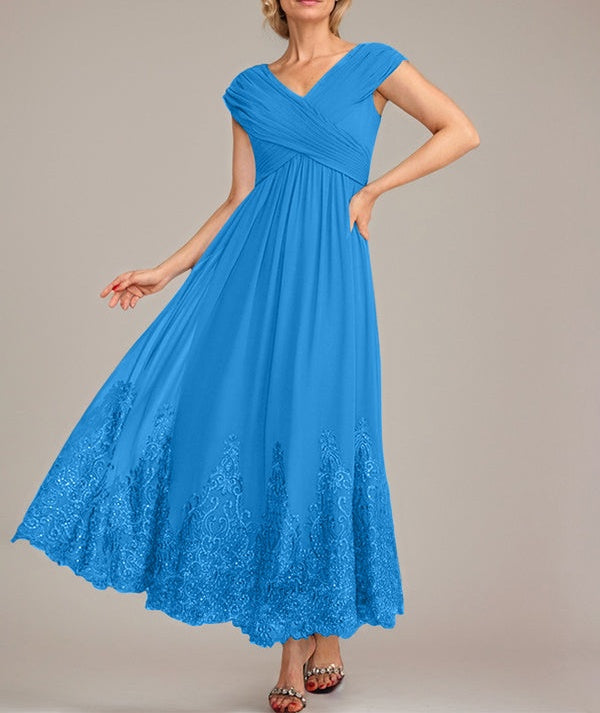 A-line V-Neck Ankle-Length Chiffon Mother of the Bride Dress With Applique Sequins