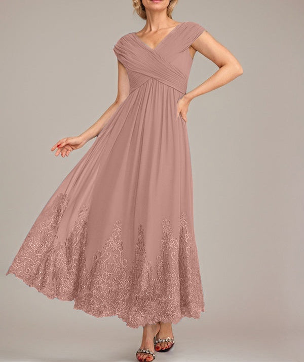 A-line V-Neck Ankle-Length Chiffon Mother of the Bride Dress With Applique Sequins