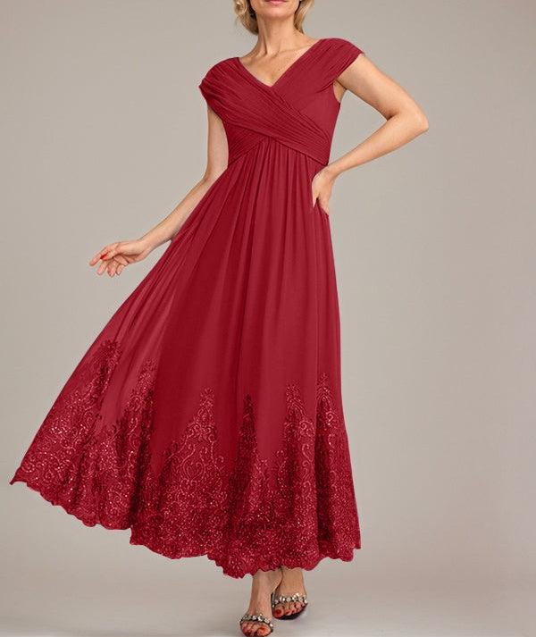 A-line V-Neck Ankle-Length Chiffon Mother of the Bride Dress With Applique Sequins