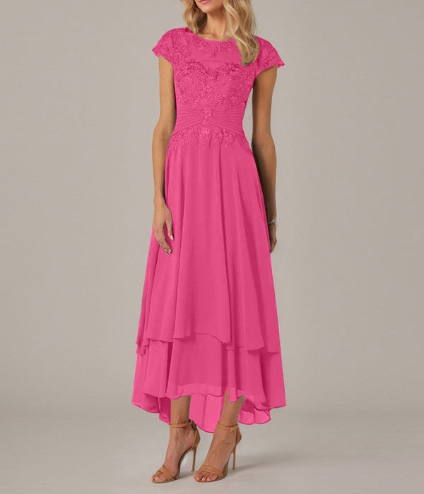 A-line Boat Neck Illusion Asymmetrical Chiffon Lace Mother of the Bride Dress With Applique Pleats