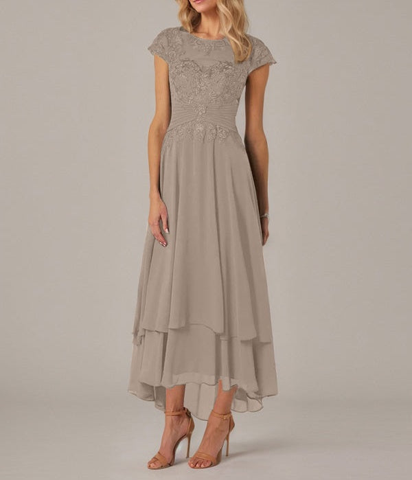 A-line Boat Neck Illusion Asymmetrical Chiffon Lace Mother of the Bride Dress With Applique Pleats