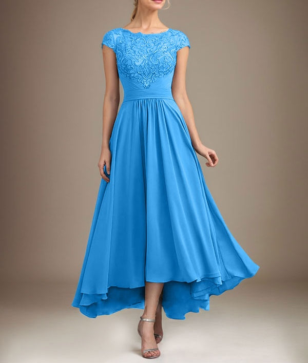 A-line Scoop Illusion Asymmetrical Lace Chiffon Mother of the Bride Dress With Pleated