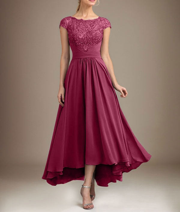 A-line Scoop Illusion Asymmetrical Lace Chiffon Mother of the Bride Dress With Pleated