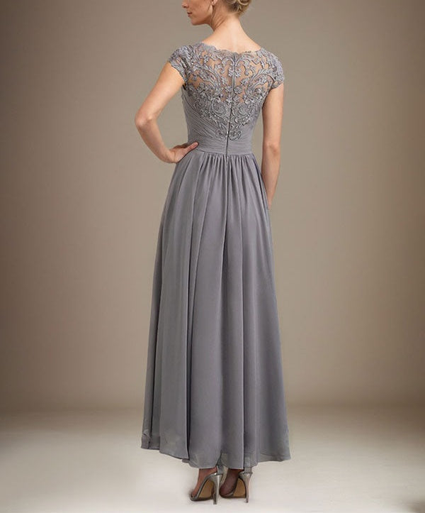 A-line Scoop Illusion Asymmetrical Lace Chiffon Mother of the Bride Dress With Pleated