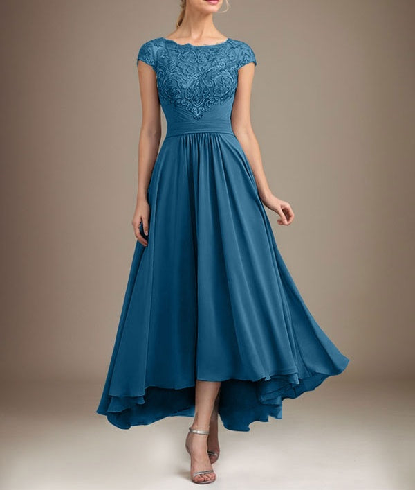 A-line Scoop Illusion Asymmetrical Lace Chiffon Mother of the Bride Dress With Pleated