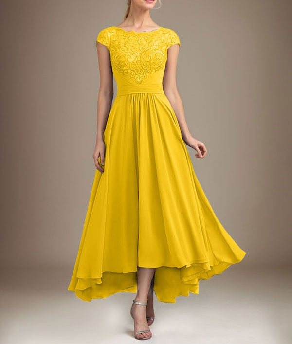 A-line Scoop Illusion Asymmetrical Lace Chiffon Mother of the Bride Dress With Pleated