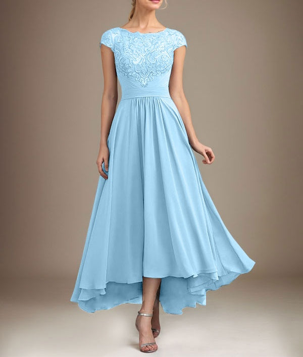 A-line Scoop Illusion Asymmetrical Lace Chiffon Mother of the Bride Dress With Pleated