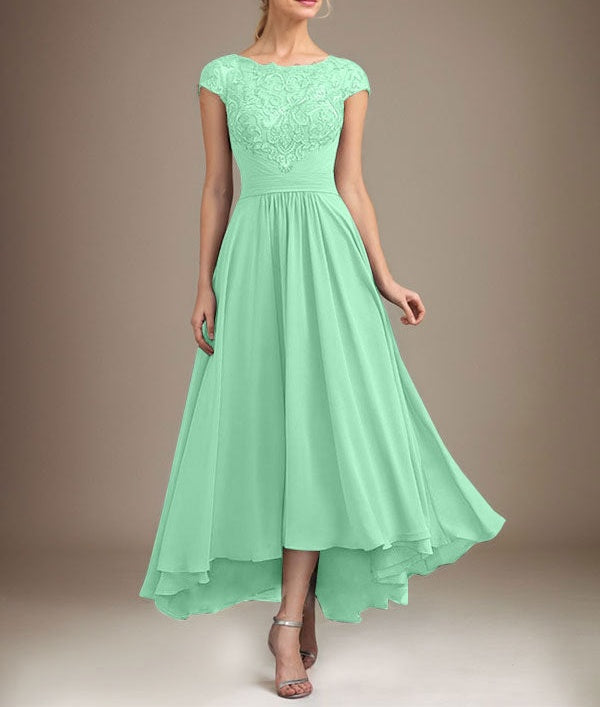 A-line Scoop Illusion Asymmetrical Lace Chiffon Mother of the Bride Dress With Pleated