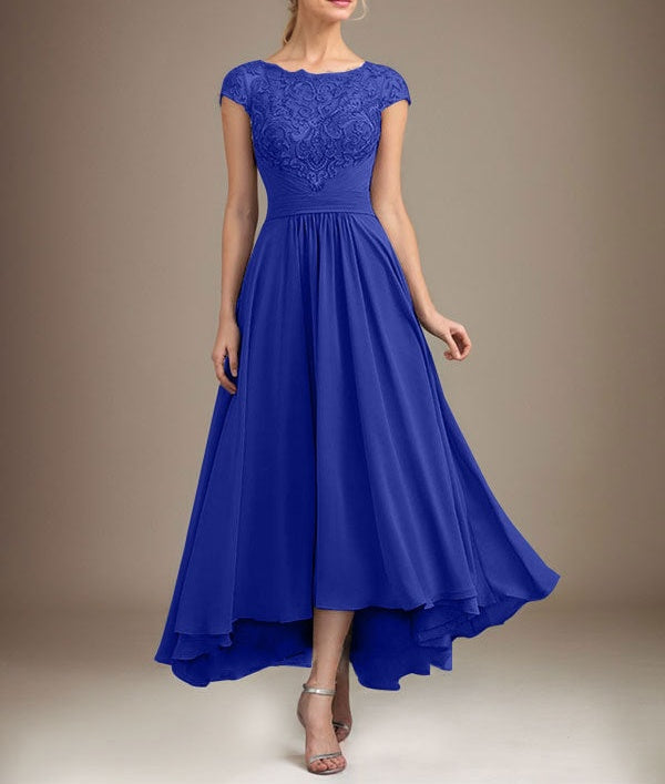 A-line Scoop Illusion Asymmetrical Lace Chiffon Mother of the Bride Dress With Pleated