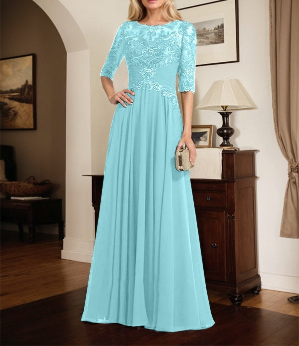 A-line Scoop Illusion Floor-Length Chiffon Lace Mother of the Bride Dress With Pleated Sequins