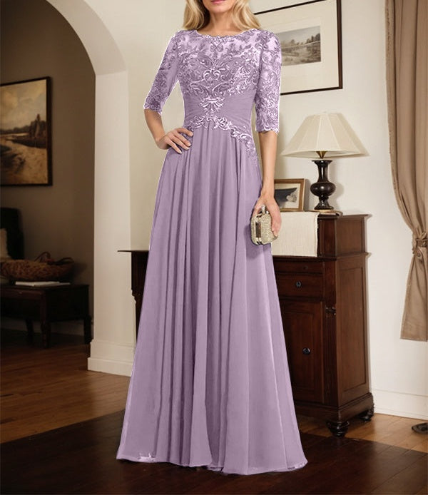 A-line Scoop Illusion Floor-Length Chiffon Lace Mother of the Bride Dress With Pleated Sequins