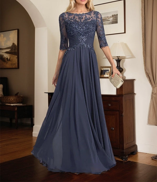A-line Scoop Illusion Floor-Length Chiffon Lace Mother of the Bride Dress With Pleated Sequins