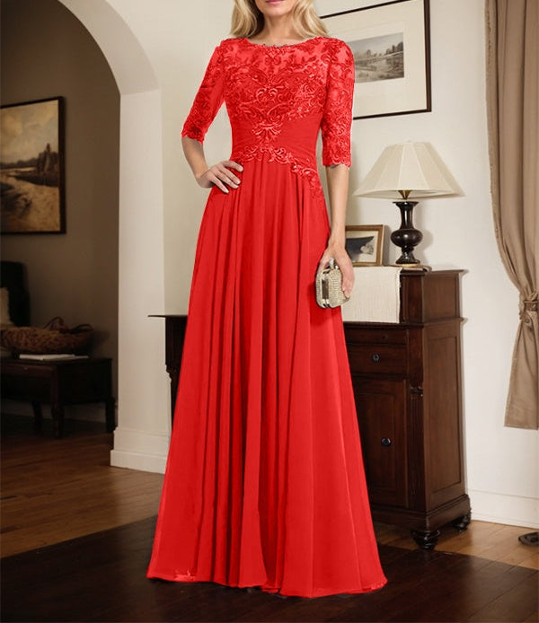 A-line Scoop Illusion Floor-Length Chiffon Lace Mother of the Bride Dress With Pleated Sequins