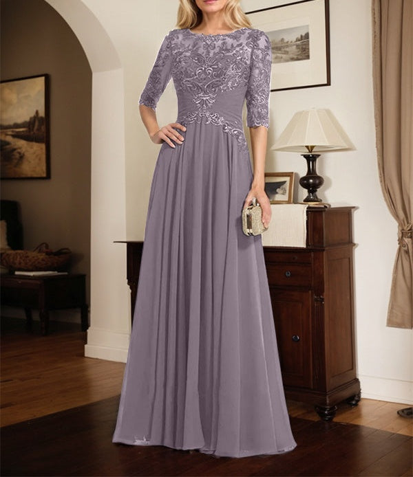 A-line Scoop Illusion Floor-Length Chiffon Lace Mother of the Bride Dress With Pleated Sequins