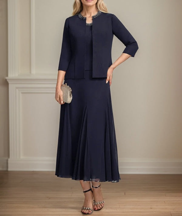 Separates A-line Scoop Tea-Length Chiffon Mother of the Bride Dress With Sequins Beading