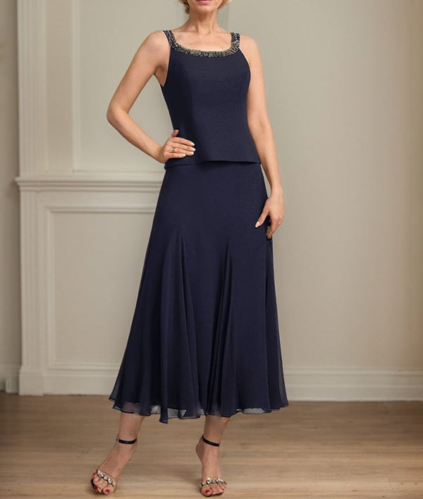 Separates A-line Scoop Tea-Length Chiffon Mother of the Bride Dress With Sequins Beading