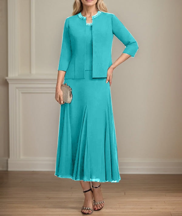 Separates A-line Scoop Tea-Length Chiffon Mother of the Bride Dress With Sequins Beading
