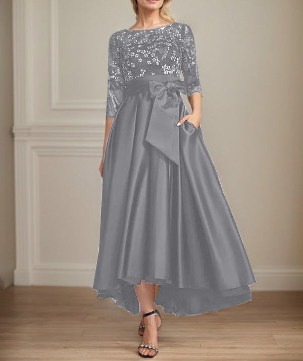 A-line Scoop Illusion Asymmetrical Satin Lace Mother of the Bride Dress With Bow