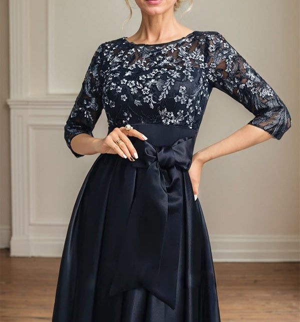 A-line Scoop Illusion Asymmetrical Satin Lace Mother of the Bride Dress With Bow