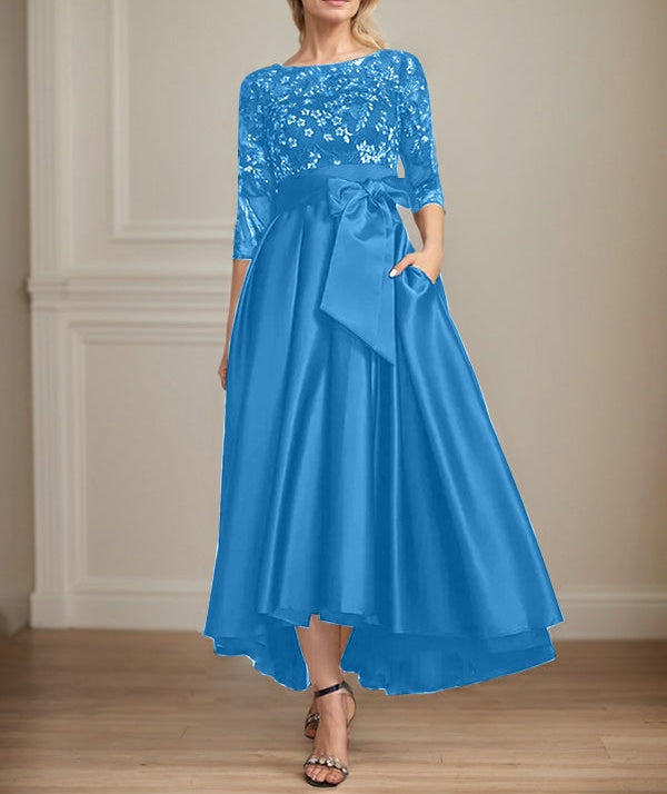 A-line Scoop Illusion Asymmetrical Satin Lace Mother of the Bride Dress With Bow