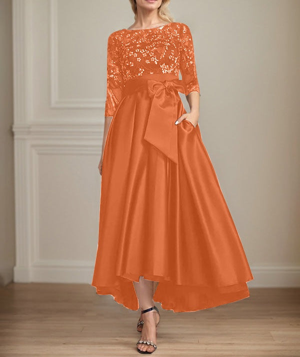 A-line Scoop Illusion Asymmetrical Satin Lace Mother of the Bride Dress With Bow