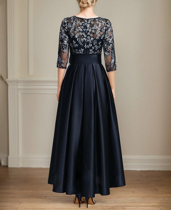 A-line Scoop Illusion Asymmetrical Satin Lace Mother of the Bride Dress With Bow