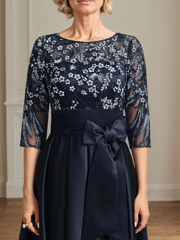 A-line Scoop Illusion Asymmetrical Satin Lace Mother of the Bride Dress With Bow