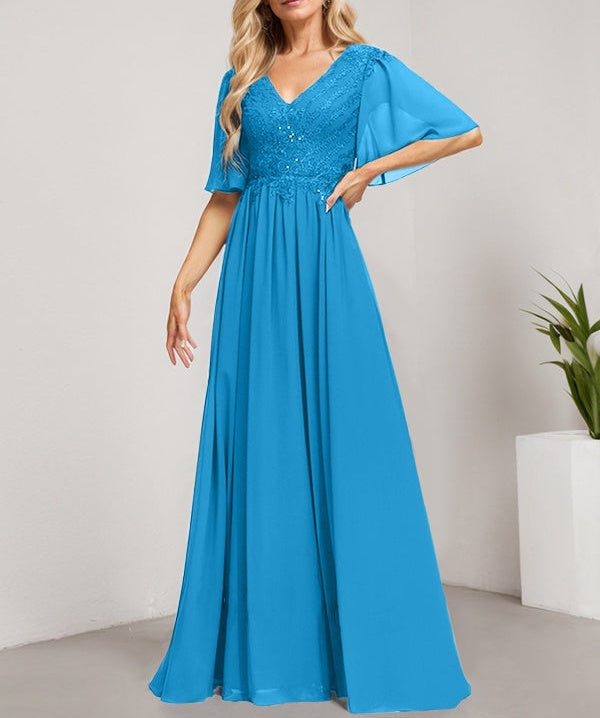 A-line V-Neck Floor-Length Lace Chiffon Mother of the Bride Dress With Sequins