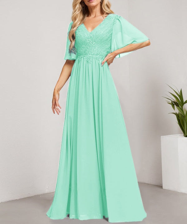 A-line V-Neck Floor-Length Lace Chiffon Mother of the Bride Dress With Sequins