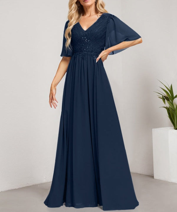 A-line V-Neck Floor-Length Lace Chiffon Mother of the Bride Dress With Sequins